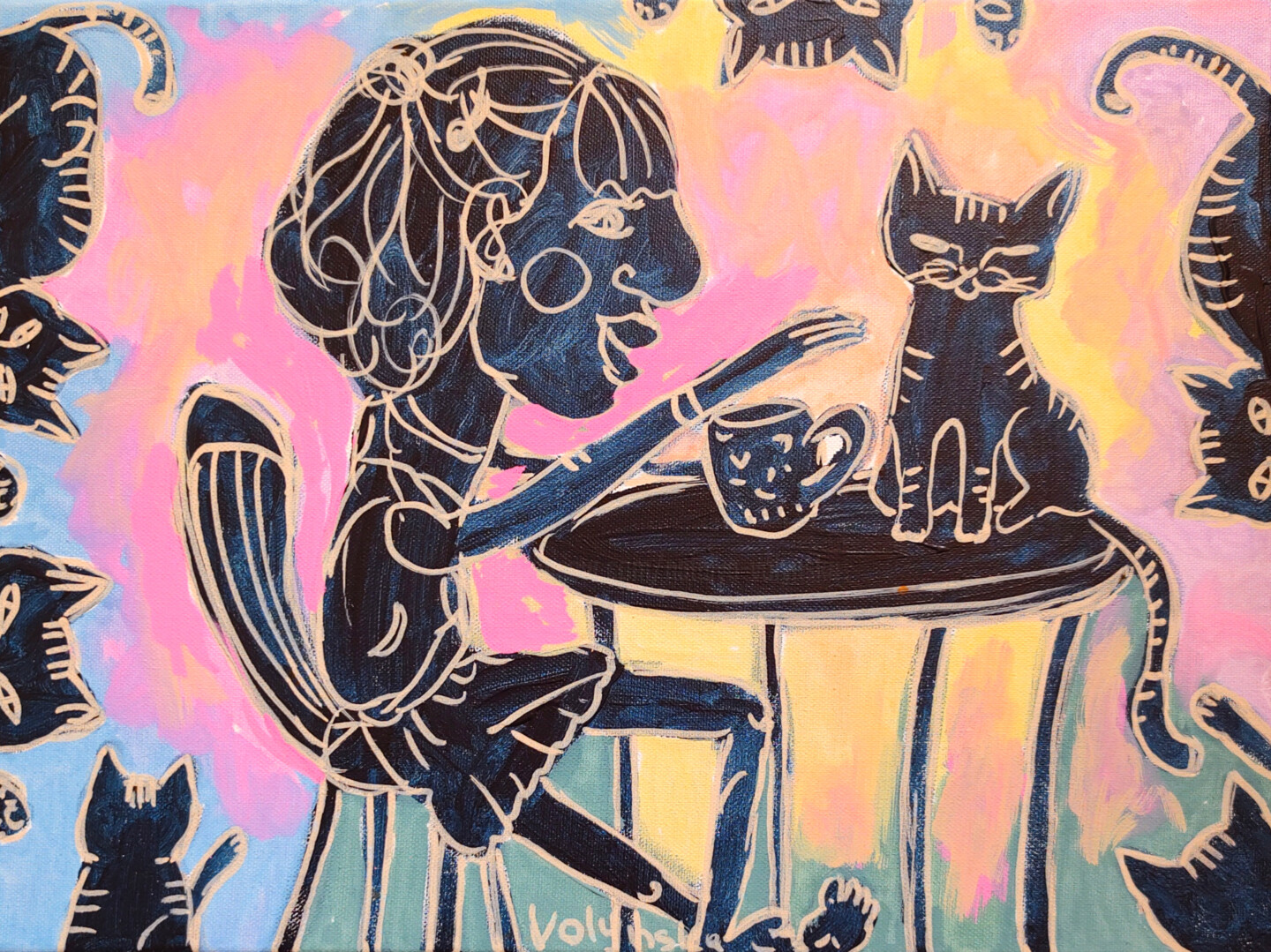 Natalya Volynska - Girl Cat love original painting