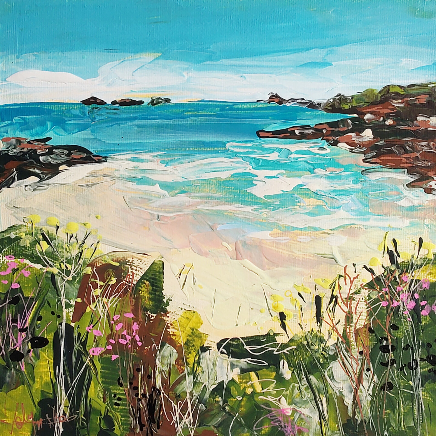 Natalya Volynska - Seascape Beach Flower painting original