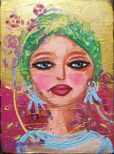 Vintage Girl Gold Original Canva Small Art Colorful Painting