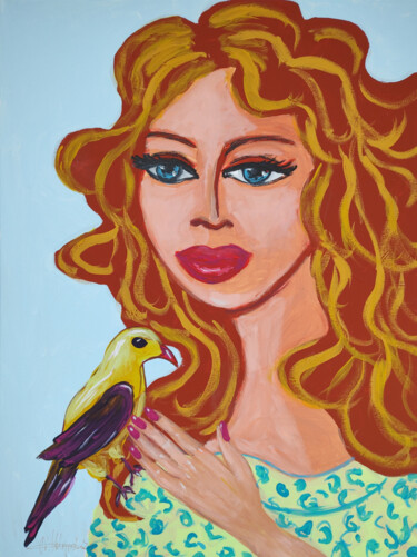 Girl with Bird Woman Face Original Painting Wall Art 60x80cm