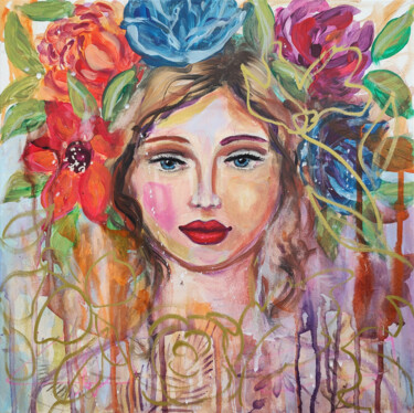 Woman with Flowers Original Painting 40x40cm Woman Face