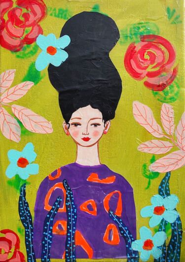 Fashion Girl Flowers Vintage Original Canva Collage Painting