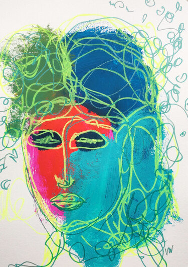 Woman face Abstract Original Painting green orange